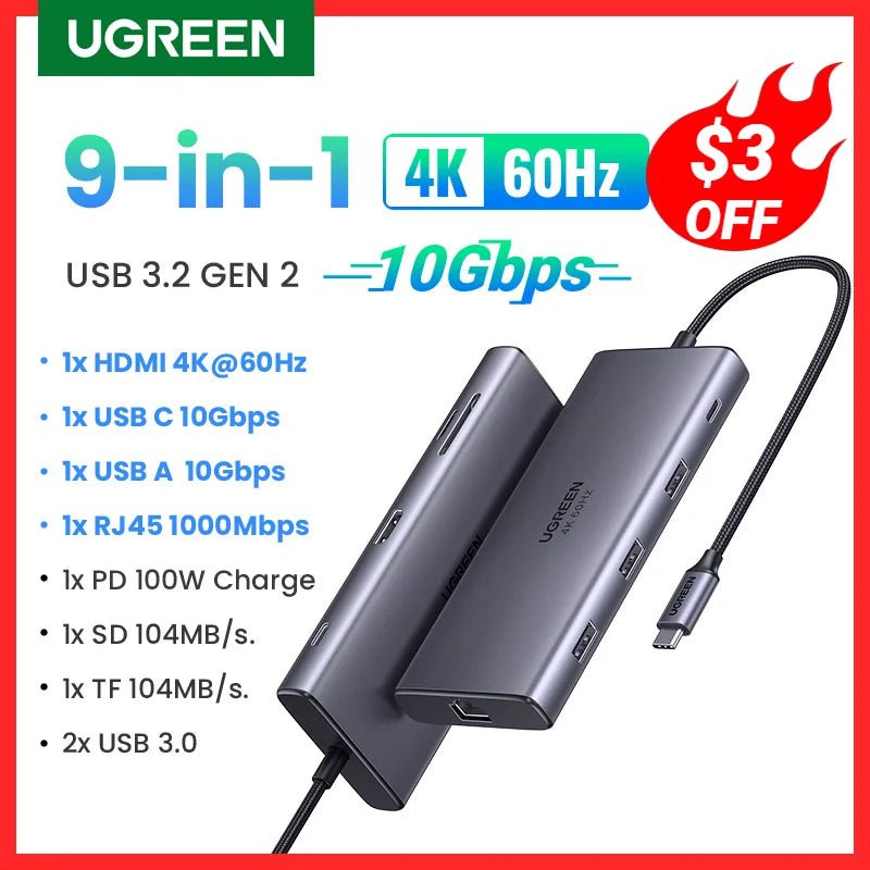 Storazone UGREEN 10Gbps USB C HUB 4K60Hz Type C to HDMI RJ45 Ethernet PD100W for MacBook iPad Huawei Sumsang PC Tablet Phone USB 3.0 HUB