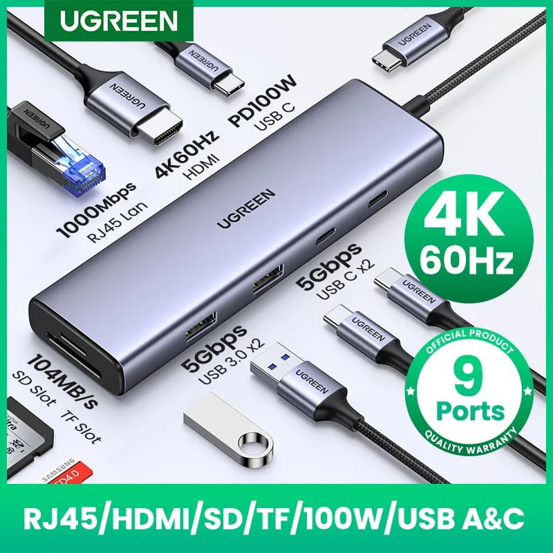 Storazone UGREEN USB C HUB 4K60Hz Type C to HDMI2.0 RJ45 PD 100W Adapter For Macbook iPad Pro Air M2 M1 Sumsang PC Accessories USB 3.0 HUB