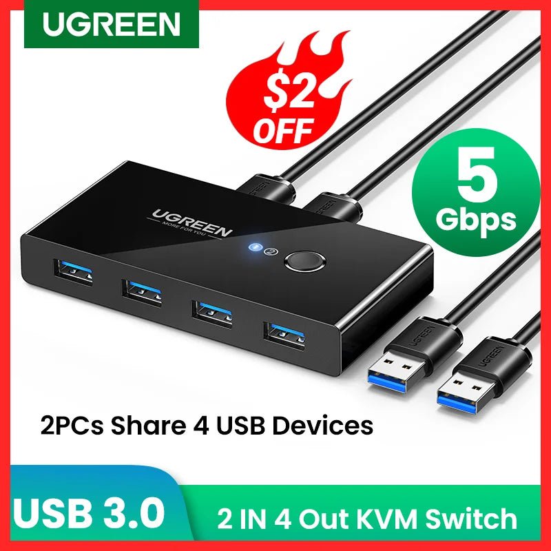 Storazone UGREEN USB KVM Switch USB 3.0 2.0 Switcher KVM Switch for Windows10 PC Keyboard Mouse Printer 2 PCs Sharing 4 Devices USB Switch