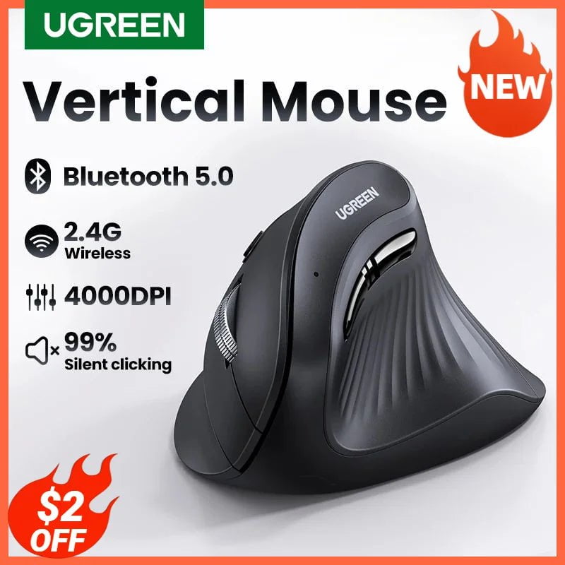 Storazone UGREEN Vertical Mouse Wireless Bluetooth5.0 2.4G Ergonomic 4000DPI 6 Mute Buttons for MacBook Tablet Laptops Computer PC Mice