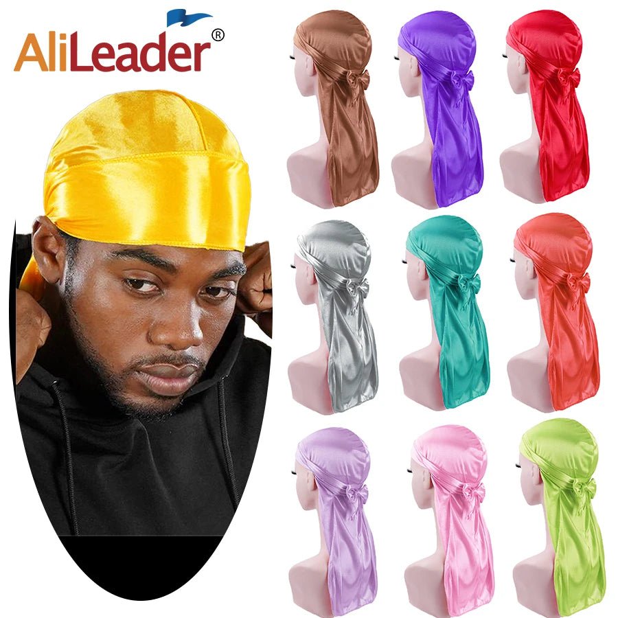 Storazone Unisex Silky Durags Bandanas Turban Hat Wigs Doo Men Satin Durag Biker Headwear Headband Hair Accessories Extra Long Tail Du-Rag