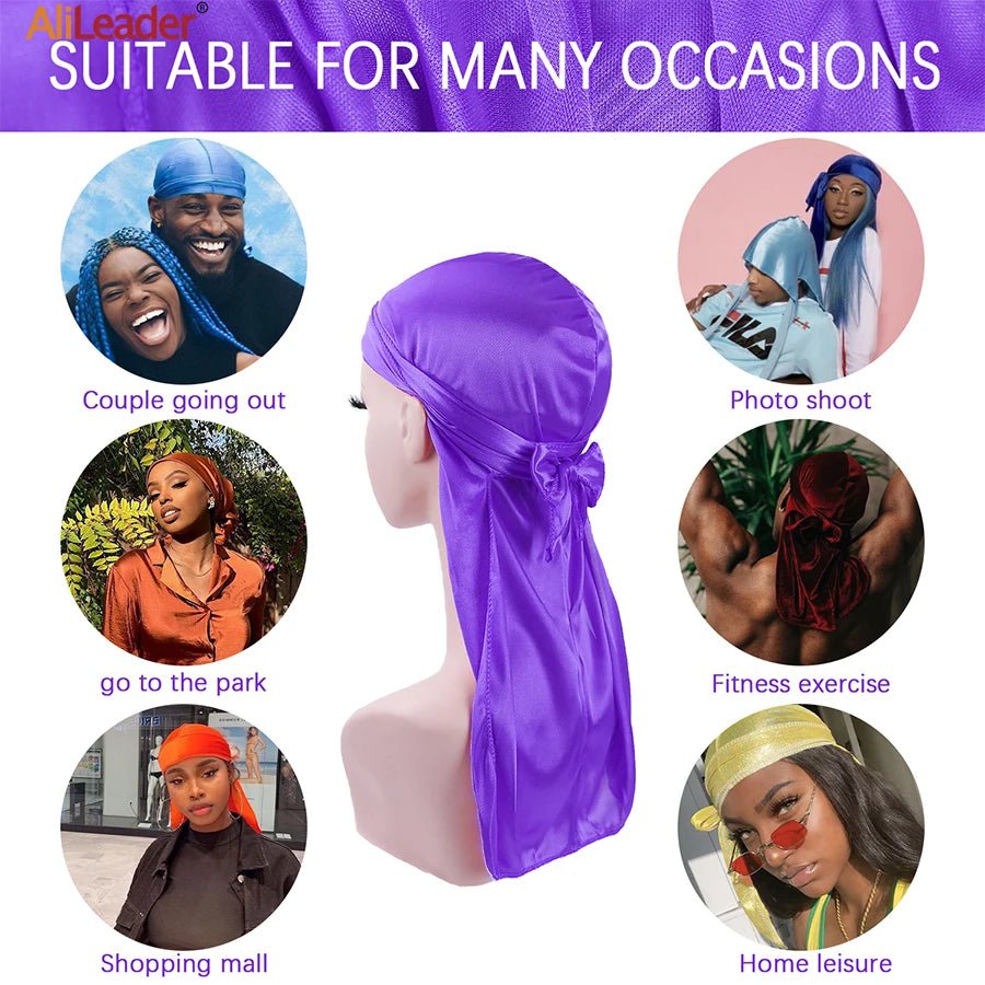 Storazone Unisex Silky Durags Bandanas Turban Hat Wigs Doo Men Satin Durag Biker Headwear Headband Hair Accessories Extra Long Tail Du-Rag