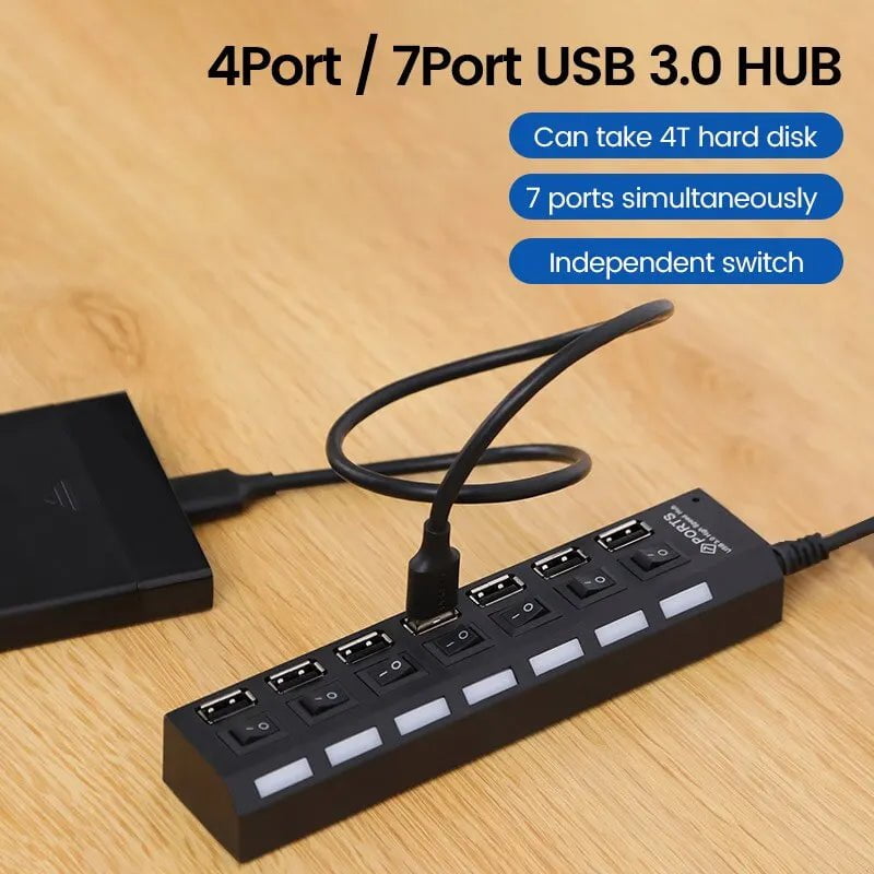 Storazone USB 2.0 Hub Multi USB Splitter Ports Hub Use Power Adapter4/ 7 Port Multiple Expander Hub with Switch 30CM Cable For Home