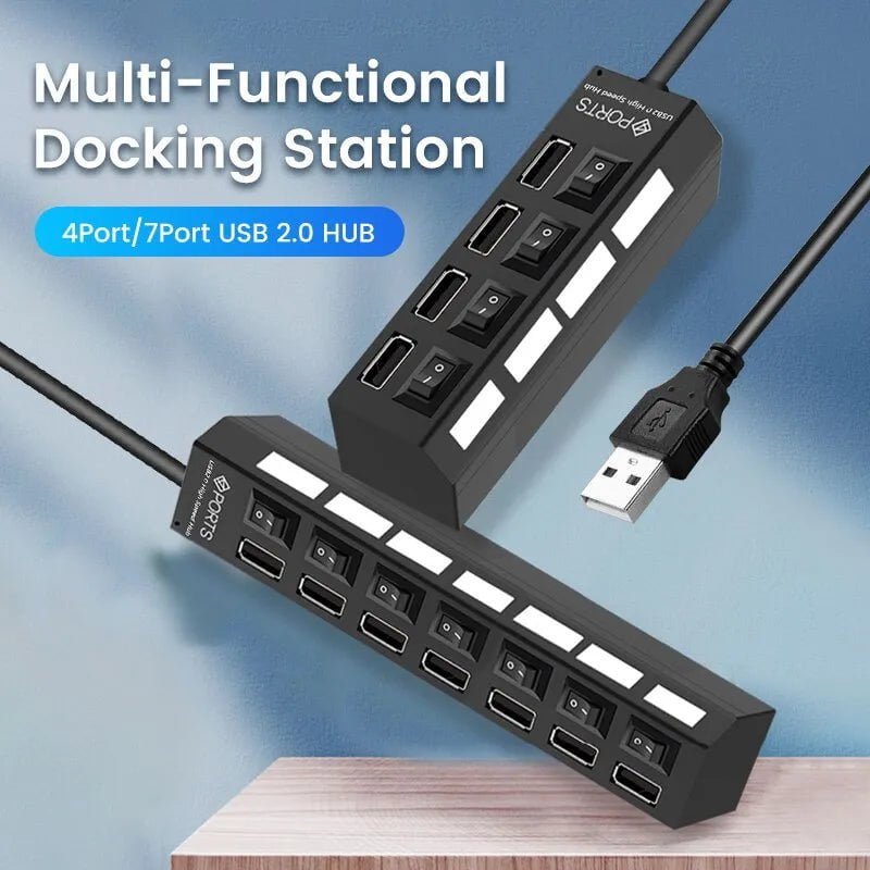 Storazone USB 2.0 Hub Multi USB Splitter Ports Hub Use Power Adapter4/ 7 Port Multiple Expander Hub with Switch 30CM Cable For Home