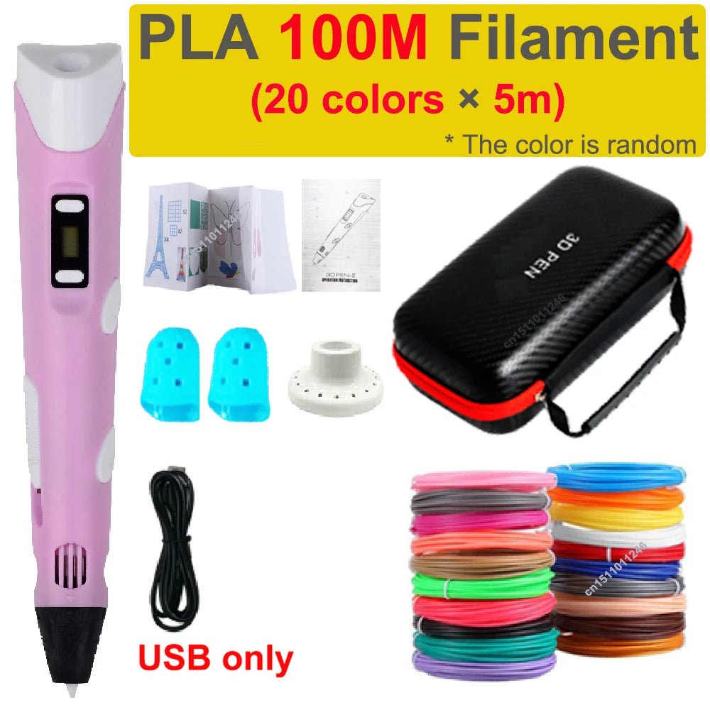 Storazone USB add 100M PLA 1 3D Pen 3d Printing Pen Children DIY Drawing Pens PLA Filament Birthday Christmas Boys Girls Gift For Kids With Travel Case