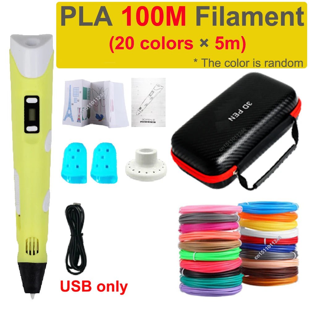 Storazone USB add 100M PLA 2 3D Pen 3d Printing Pen Children DIY Drawing Pens PLA Filament Birthday Christmas Boys Girls Gift For Kids With Travel Case