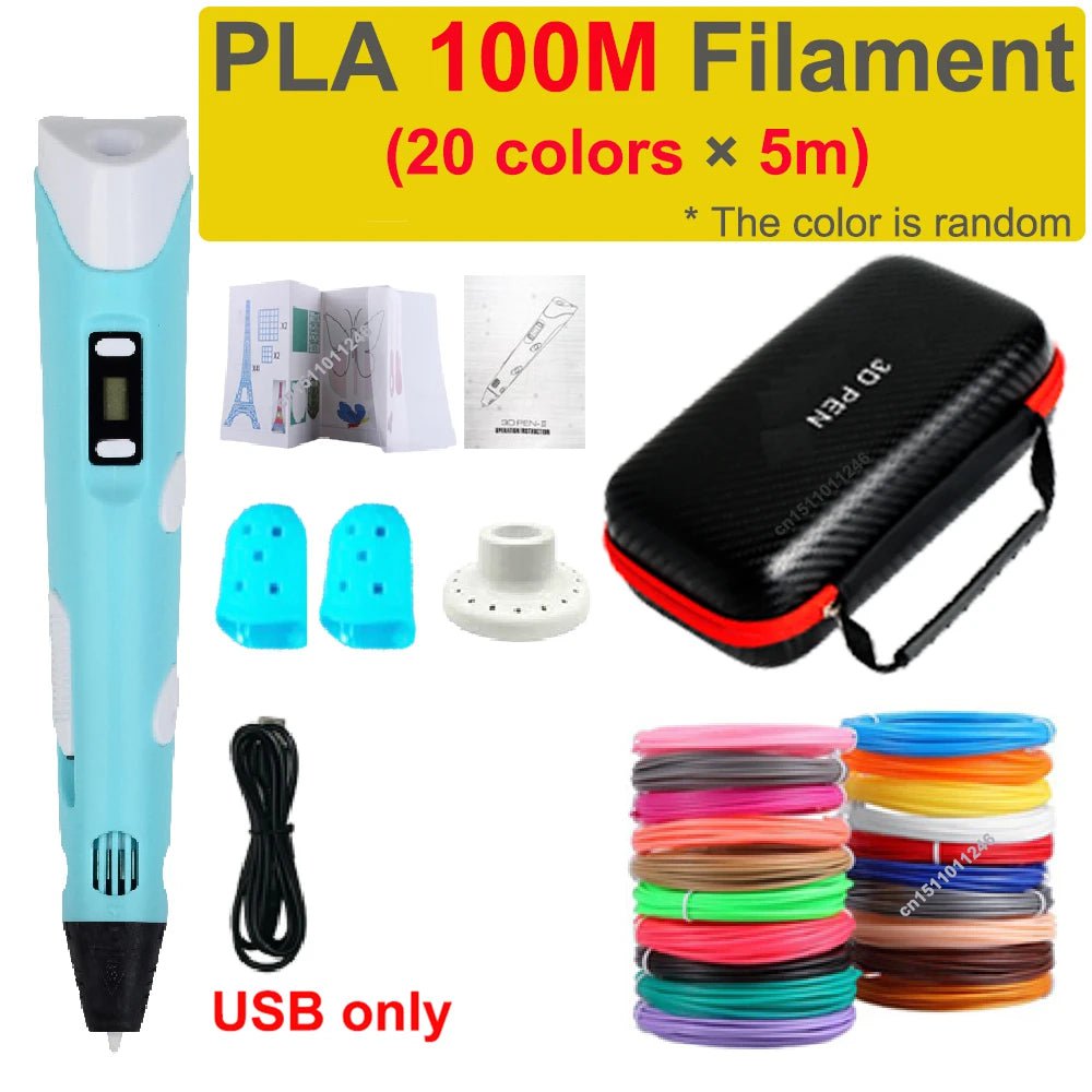 Storazone USB add 100M PLA 3D Pen 3d Printing Pen Children DIY Drawing Pens PLA Filament Birthday Christmas Boys Girls Gift For Kids With Travel Case