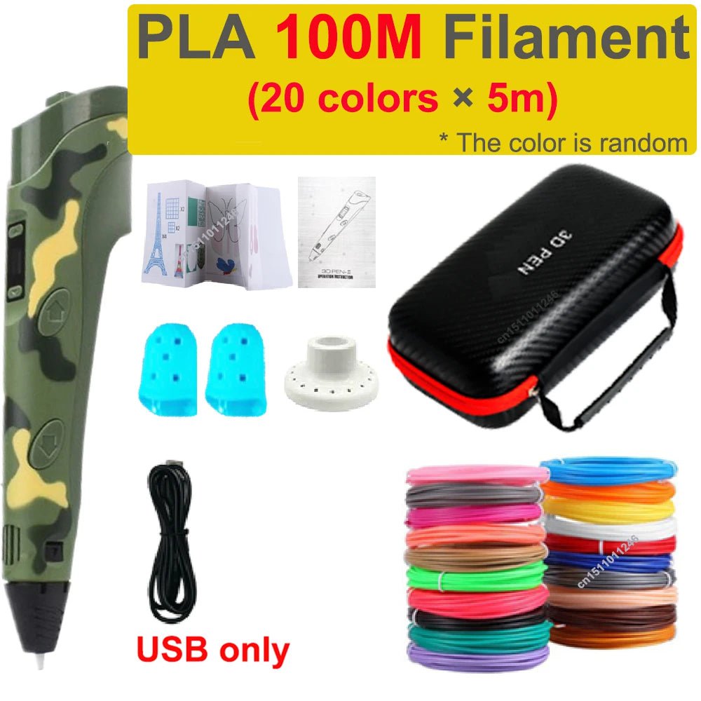 Storazone USB add 100M PLA 4 3D Pen 3d Printing Pen Children DIY Drawing Pens PLA Filament Birthday Christmas Boys Girls Gift For Kids With Travel Case