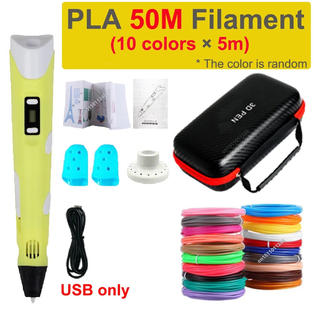 Storazone USB add 50M PLA 2 3D Pen 3d Printing Pen Children DIY Drawing Pens PLA Filament Birthday Christmas Boys Girls Gift For Kids With Travel Case