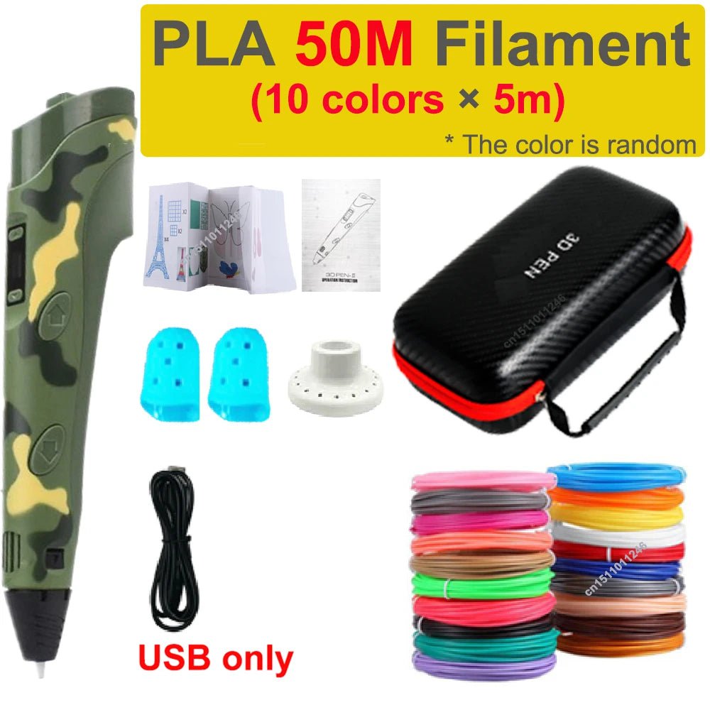 Storazone USB add 50M PLA 4 3D Pen 3d Printing Pen Children DIY Drawing Pens PLA Filament Birthday Christmas Boys Girls Gift For Kids With Travel Case