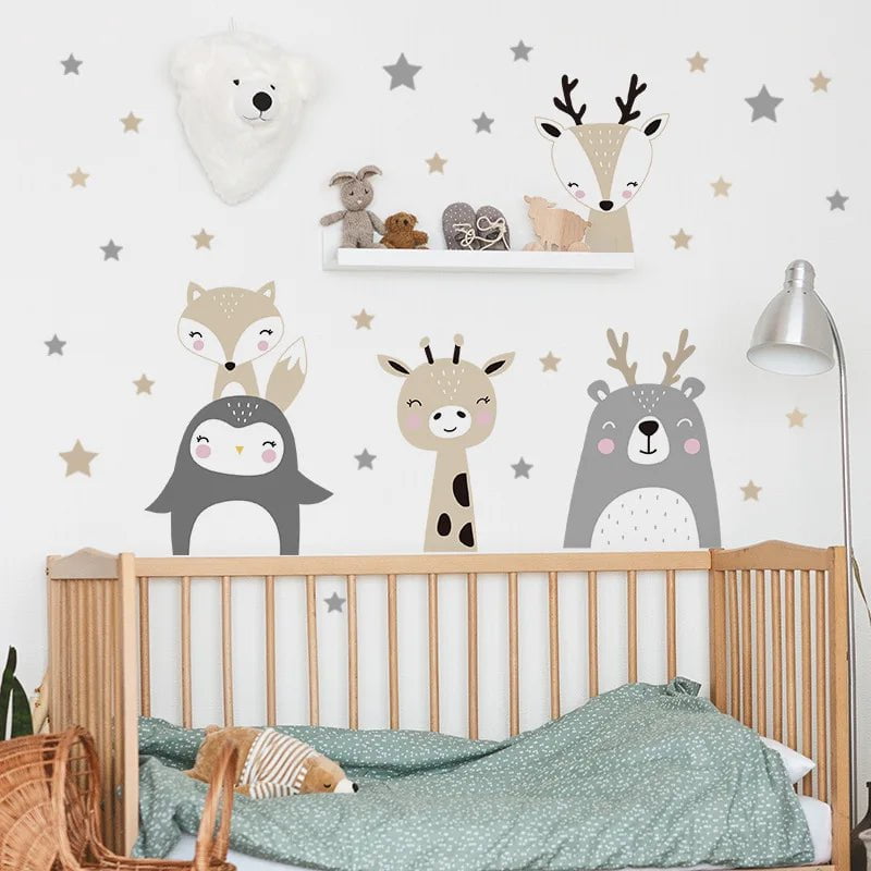 Storazone V Nordic Cartoon Animals Wall Stickers for Kids Rooms Girls Boys Baby Room Decoration Giraffe Elephant Train Birds Star Wallpaper