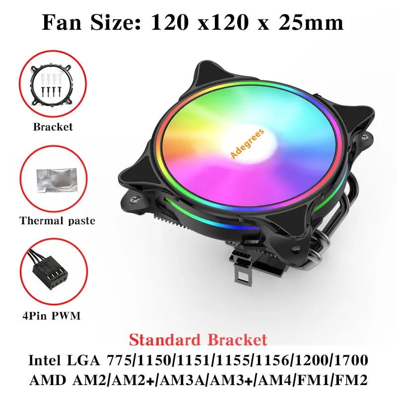Storazone V12-4PIN-Black / Transparent / Fixed Color | CHINA CPU Cooler 120MM 4 Heatpipes PC Radiator PWM 4PIN for Intel LGA 1366 1155 1150 1151 1200 1700 2011 X79 X99 AM4 Black Cooling Fan