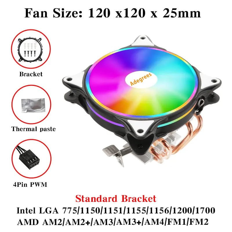 Storazone V12-4PIN / Transparent / Fixed Color | CHINA CPU Cooler 120MM 4 Heatpipes PC Radiator PWM 4PIN for Intel LGA 1366 1155 1150 1151 1200 1700 2011 X79 X99 AM4 Black Cooling Fan