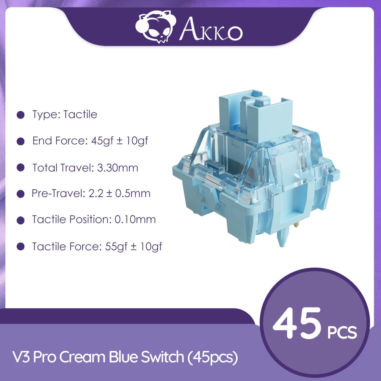 Storazone V3  Pro 1 Box(45pcs) Akko V3 Pro Cream Blue Switch 5 Pin 45gf Tactile Switch With Dustproof Stem Compatible with MX Mechanical Keyboard (45 pcs)