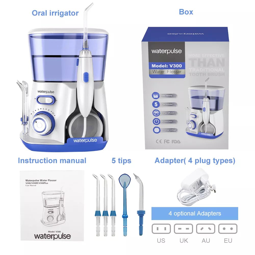 Storazone V300 Blue / us / CHINA Waterpulse V300G Oral Irrigator 5pcs Tips Dental Water Flosser Electric Cleaner 800ml Oral Hygiene Dental Flosser For Oral Care