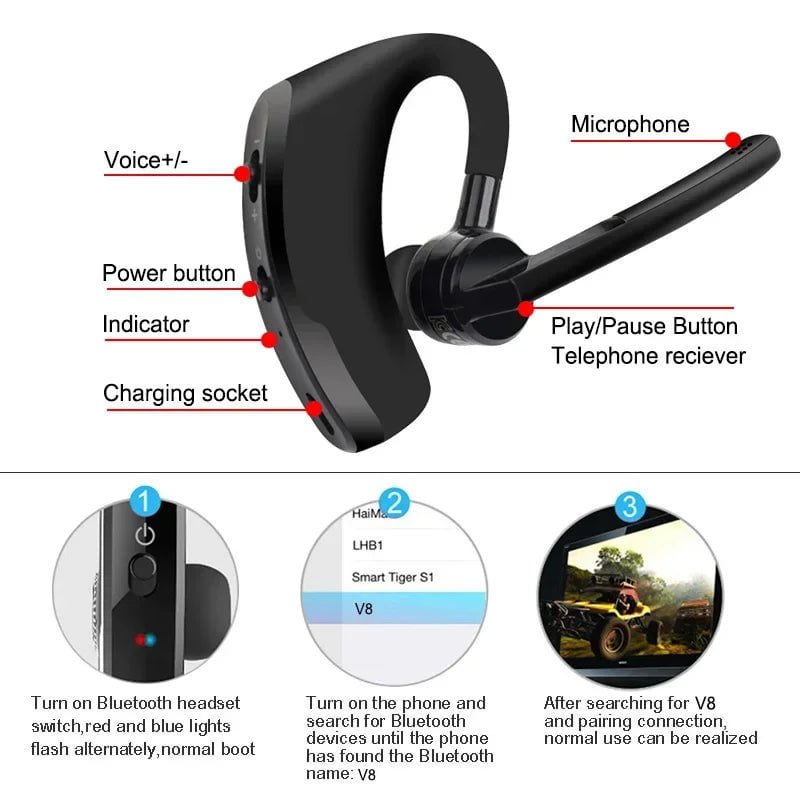 Storazone V8 rtSpo Blutooth Earphone Wireless Stereo HD Mic Headphones Bluetooth Hands In Car Kit With Mic For iPhone Samsung Huawei Phone