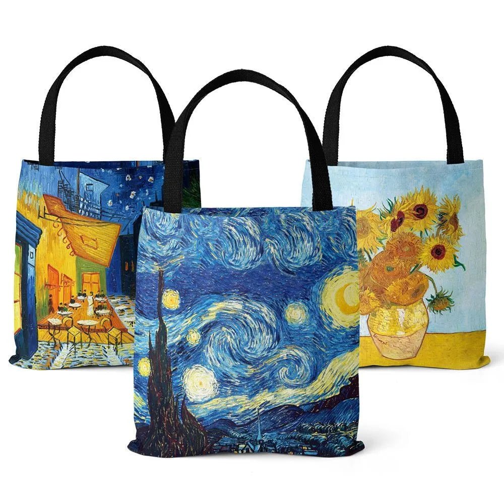 Storazone Van Gogh Series Canvas Bag Oil Painting Starry Night Sunflower Apricot Flower Coffee Holder Handbag Lightweight Shoulder Bag