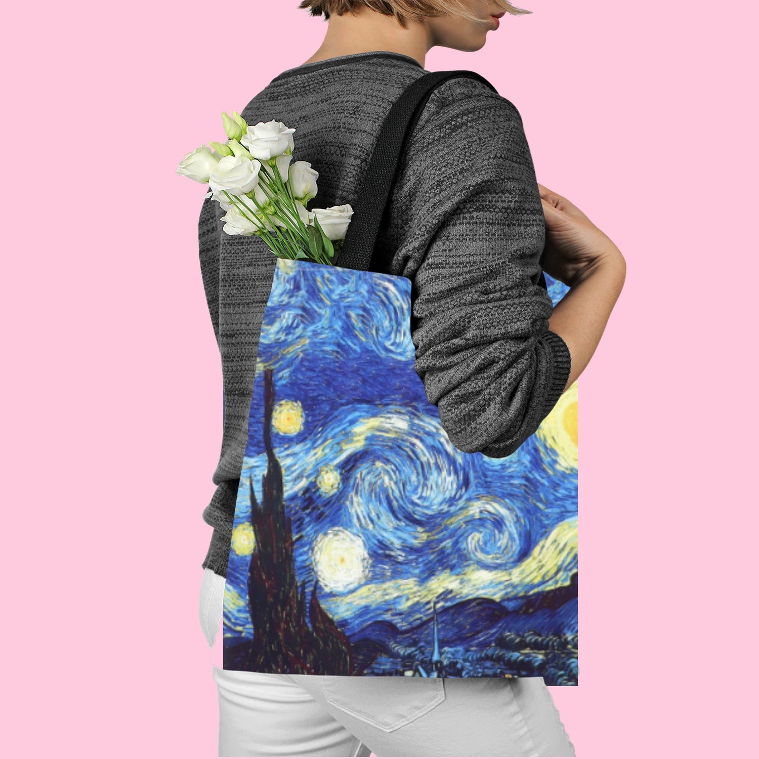 Storazone Van Gogh Series Canvas Bag Oil Painting Starry Night Sunflower Apricot Flower Coffee Holder Handbag Lightweight Shoulder Bag