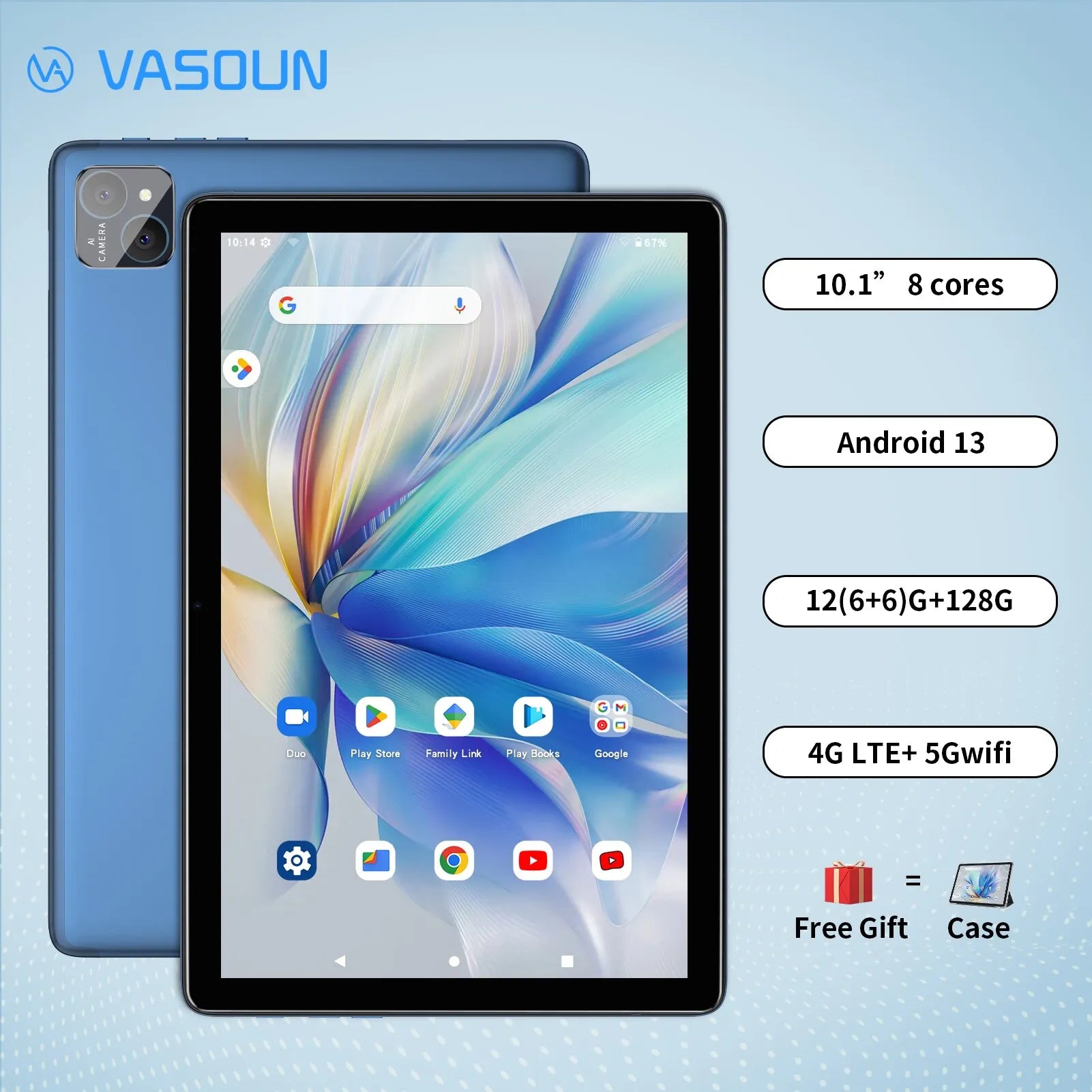 Storazone VASOUN Android 13 Tablet 10.1", 12GB(6+6 Expand) RAM, 128GB ROM, Octa Core, Dual SIM 4G Unlocked With 2.4G/5G WiFi GPS