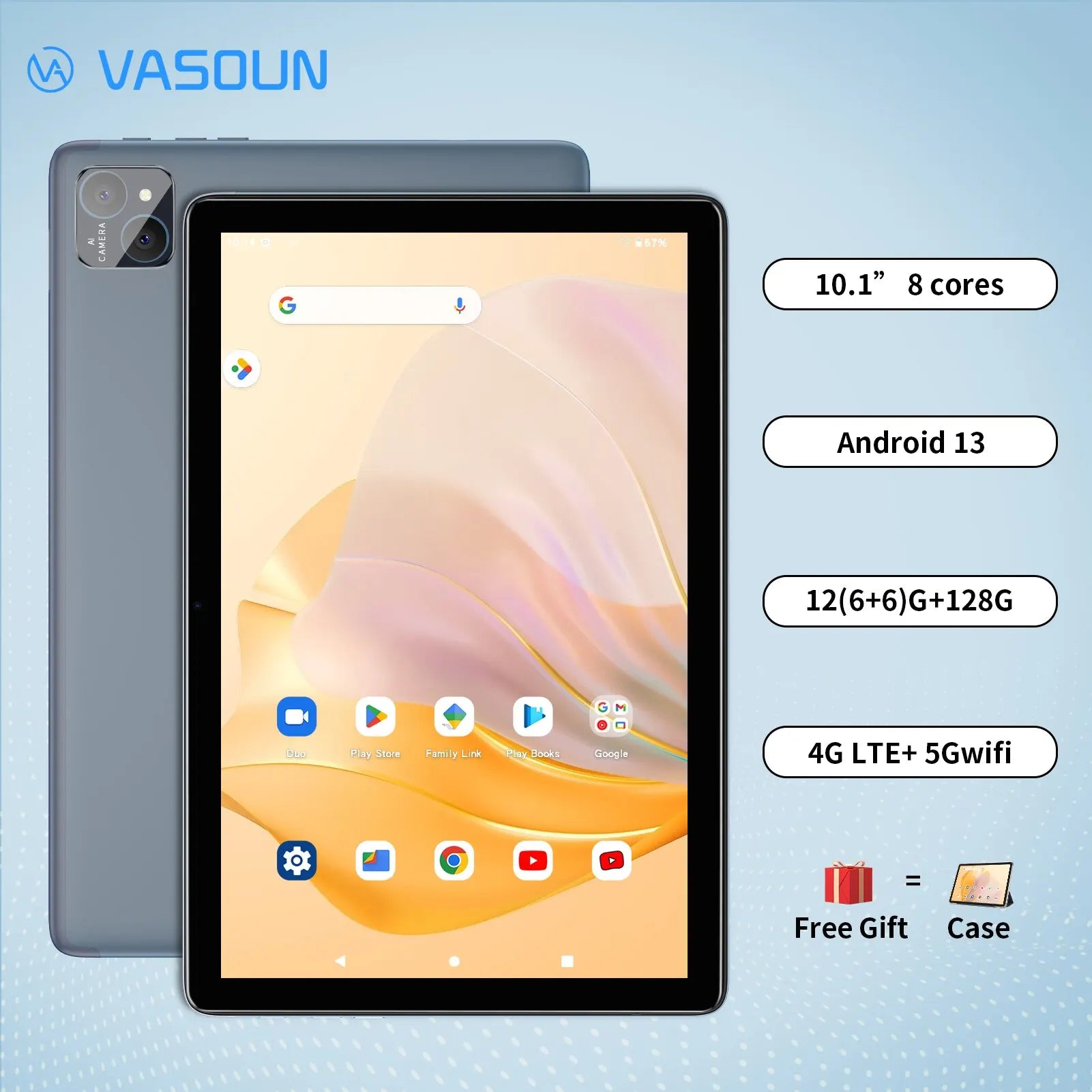 Storazone VASOUN Android 13 Tablet 10.1", 12GB(6+6 Expand) RAM, 128GB ROM, Octa Core, Dual SIM 4G Unlocked With 2.4G/5G WiFi GPS