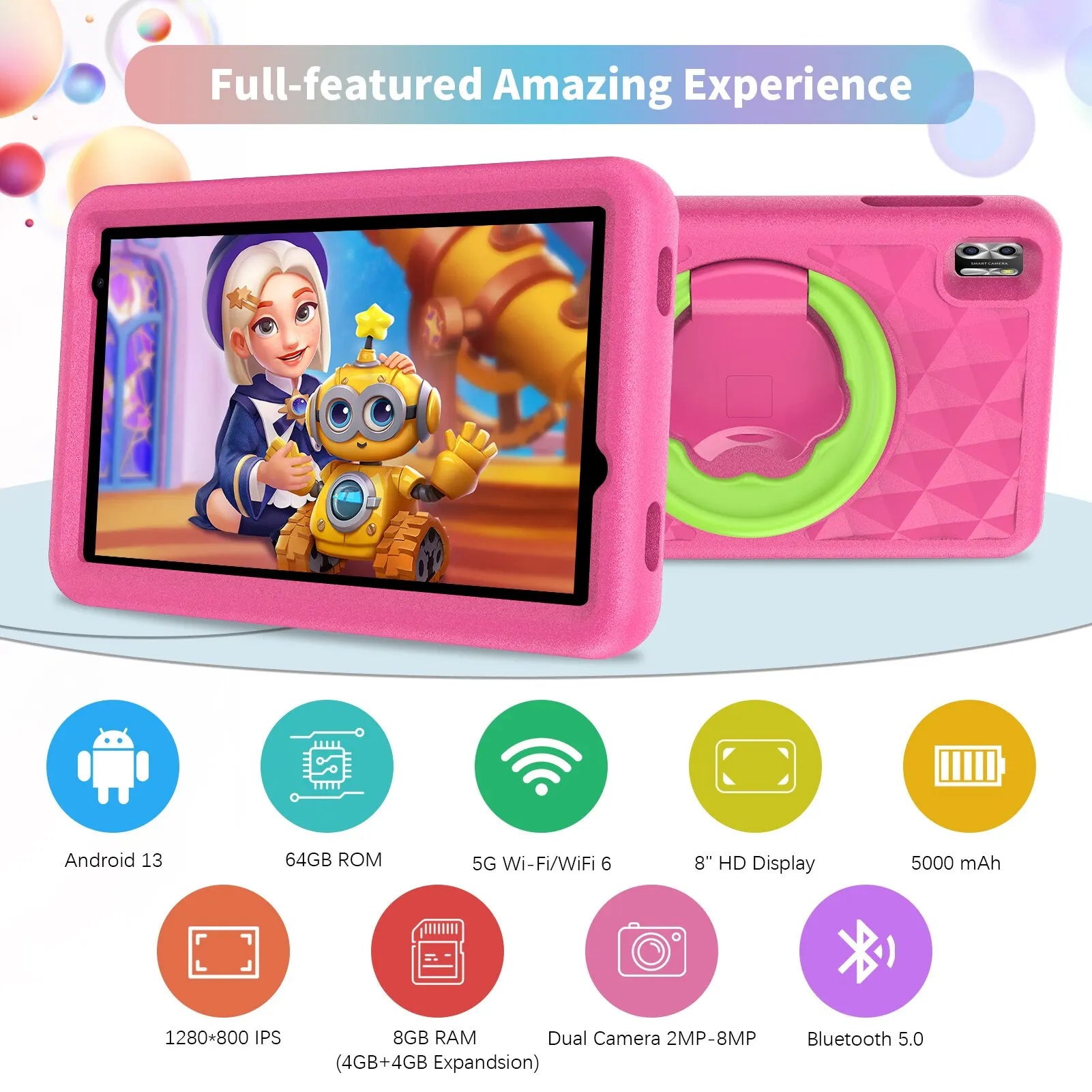 Storazone VASOUN Kids Tablet 8 Inch, Android 13 Quad Core, 8GB(4+4expand)RAM+64GB ROM, 5000mAh, Dual Camera, WiFi, Parental Control