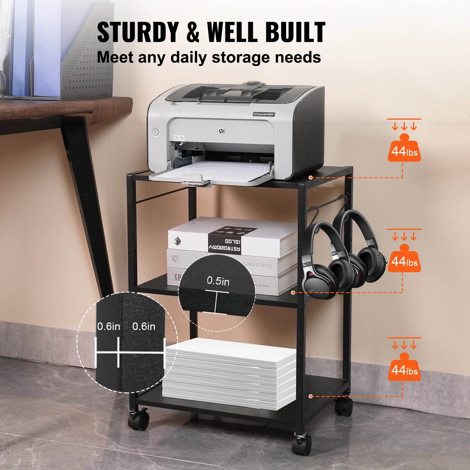 Storazone VEVOR 3 Tiers Printer Stand 420 x 350 x 600 mm Rolling Cart with Lockable Casters Waterproof & Sturdy Storage Stand for Office