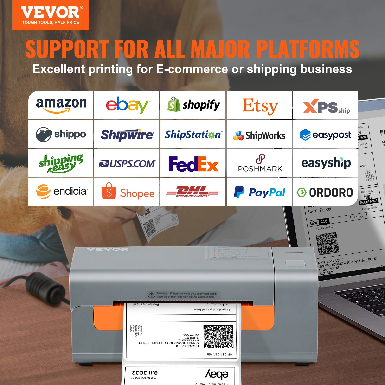 Storazone VEVOR Bluetooth/USB Thermal Barcode Printer Wireless Shipping Label Printer Support Windows/MacOS/Linux/Chromebook/Android/IOS