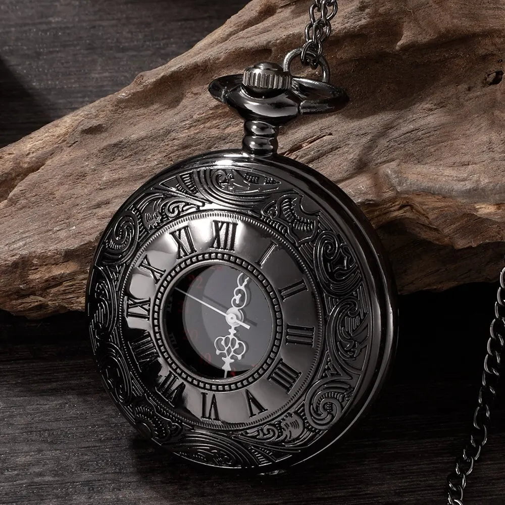 Storazone Vintage Charm Black Unisex Fashion Roman Number Quartz Steampunk Pocket Watch Women Man Necklace Pendant with Chain Gift