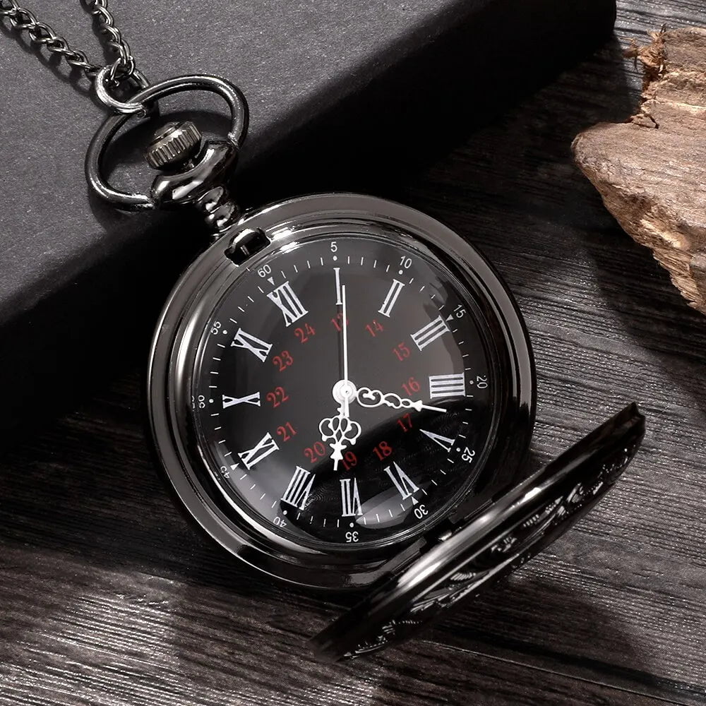 Storazone Vintage Charm Black Unisex Fashion Roman Number Quartz Steampunk Pocket Watch Women Man Necklace Pendant with Chain Gift