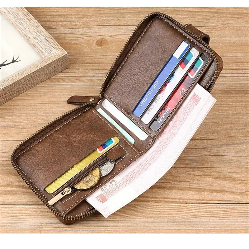 Storazone Vintage Men Pu Leather Small Wallet Short Horizontal Zipper Buckle Coin Pocket Tri-fold Card Case Purse
