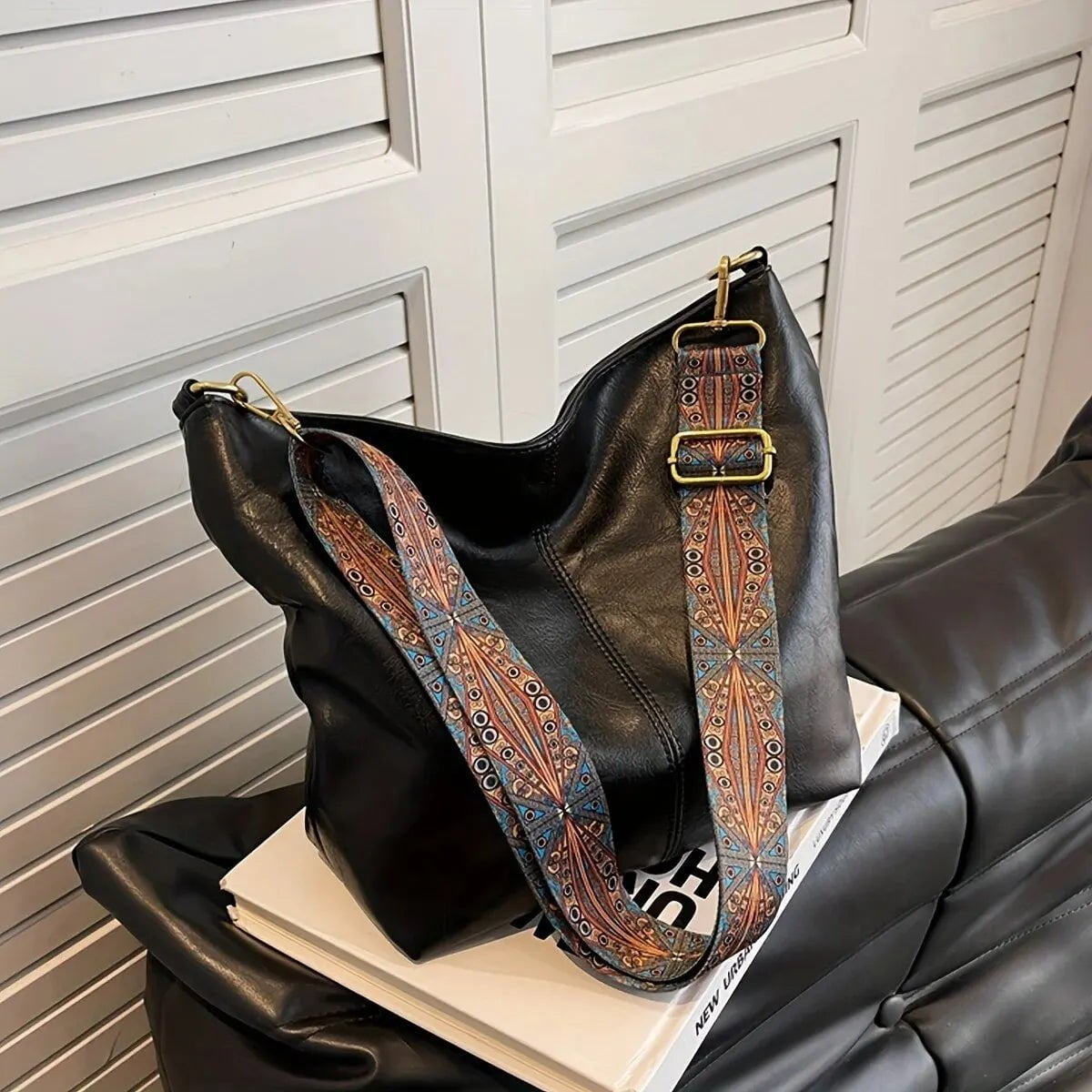 Storazone Vintage Solid Color PU Leather Women Fashion Shoulder Sling Bag Simple Wide Strap Bucket Crossbody Bag