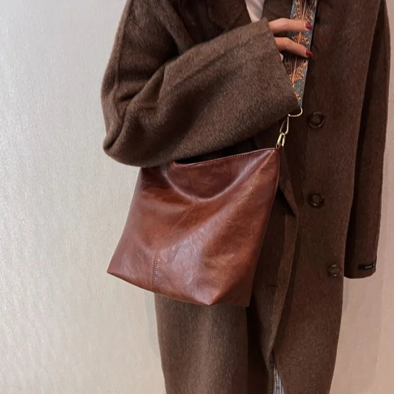 Storazone Vintage Solid Color PU Leather Women Fashion Shoulder Sling Bag Simple Wide Strap Bucket Crossbody Bag