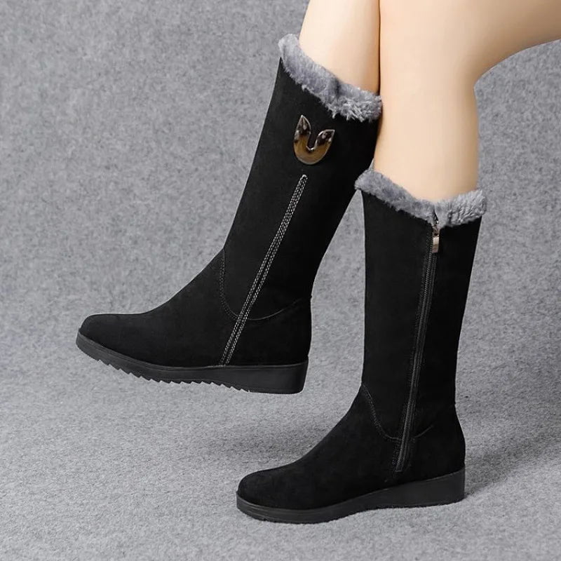 Storazone Warm Chelsea High Fur Boots Women 2022 Winter Shoes for Women Chunky Mid-calf Plush Snow Flat Boots ZIP Fashion Botas De Mujer