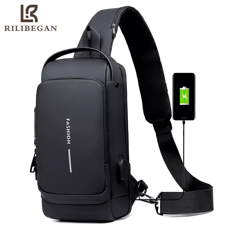 Storazone Waterproof Casual Chest Bag Men Multifunction Anti-theft USB Charging Men Crossbody Bag Patent Leather Travel Chest Bag Pack Mal