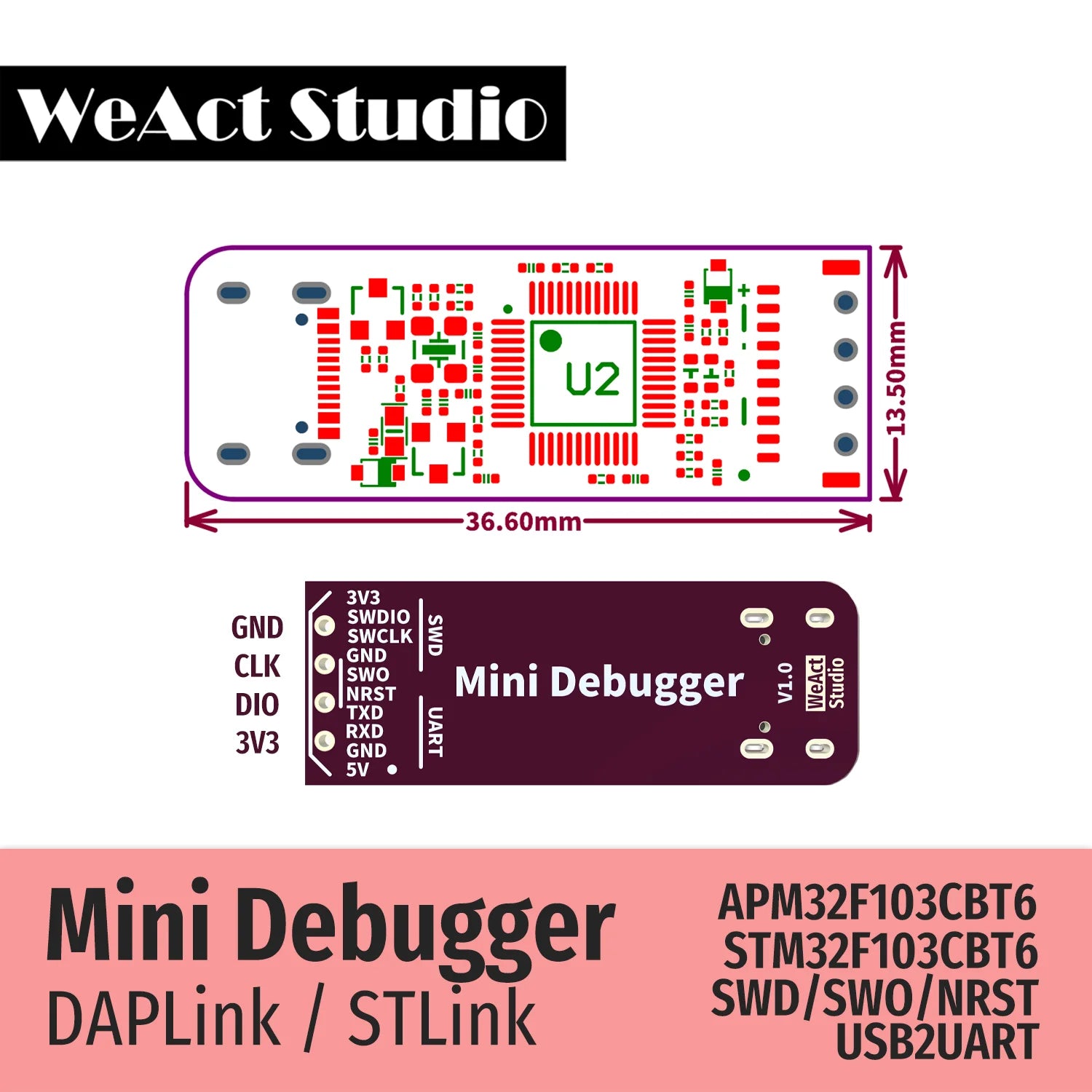 Storazone WeAct Mini Debugger DAPLink STLink V2.1 SWD SWO USB To Uart Module