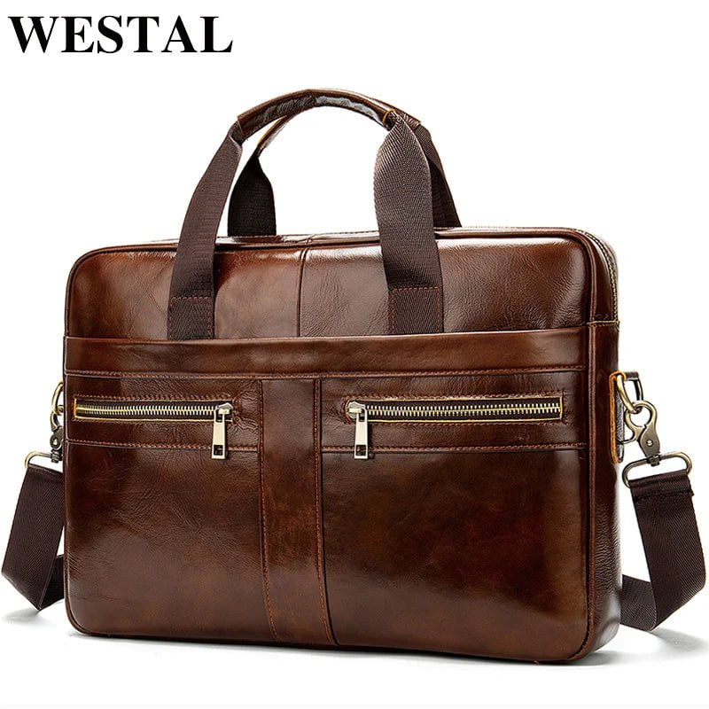 Storazone WESTAL Bag men's Genuine Leather briefcase Male man laptop bag natural Leather for men Messenger bags men's briefcases 2019