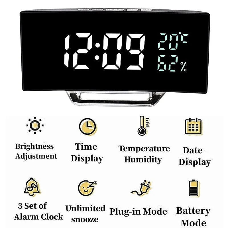 Storazone WG Temp Humidity Curved Screen Digital Alarm Clock Temperature Date 2 Levels Brightness Adjustment Snooze Table Clock 12/24H Night Mode LED Clock