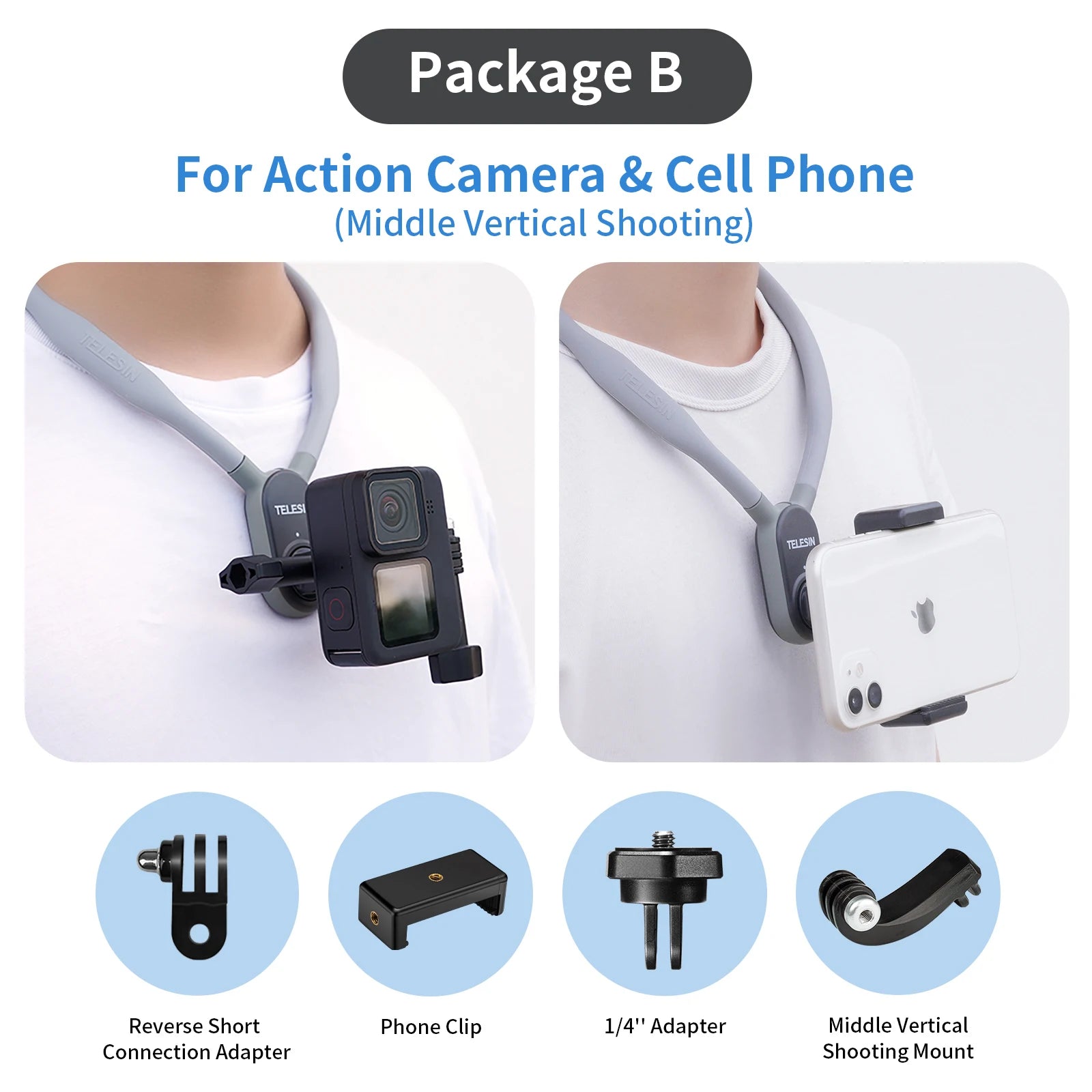 Storazone Whit Phone Clip TELESIN Silicone Neck Hold Mount for GoPro Hero 12 11 10 9 8 7 6 Insta360 DJI Osmo Action Smartphone Magnetic Action Accessories