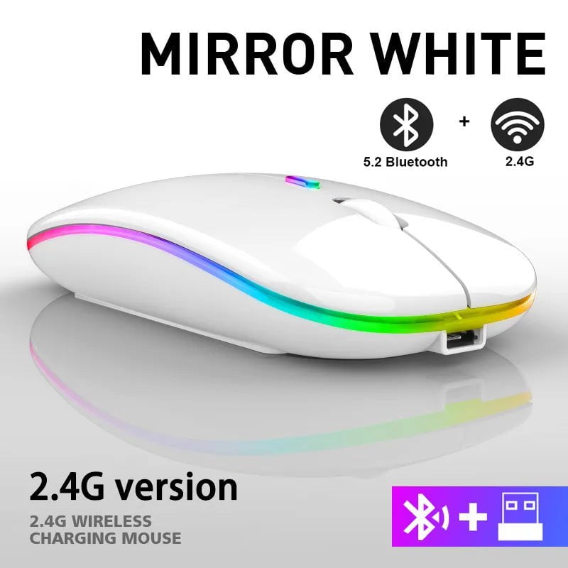 Storazone white 2.4G Wireless Mouse RGB Rechargeable Bluetooth Mice Wireless Computer Mause LED Backlit Ergonomic Gaming Mouse for Laptop PC