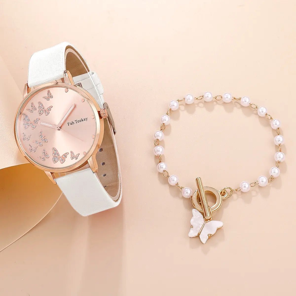 Storazone WHITE 2pcs Set Womens Butterfly Watches Ladies Fashion Watch New Simple Casual Women Analog WristWatch Bracelet Gift