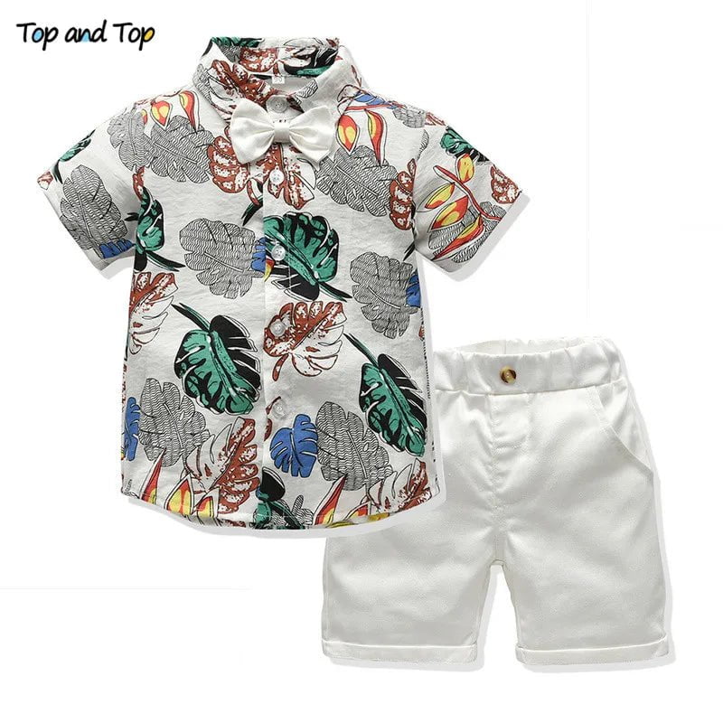 Storazone WHITE / 2T Top and Top Children Boy Summer Clothing Set Short Sleeve Printed Shirt+Shorts Gentleman 2Pcs Suit Kids Boys Clothes Sets