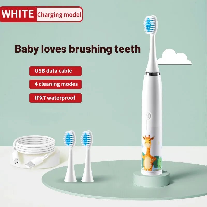 Storazone White 3 Head Children's Electric Toothbrush Colorful Cartoon With Replacement Heads Ultrasonic Rechargeable Soft Hair Cleaning Brush for Kids