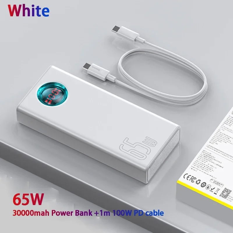 Storazone White / 30000mAh / CHINA Baseus Power Bank 30000mAh 65W PD3.0 Quick Charging 3.0 FCP SCP Portable External For iPhone 14 12 13 Laptop Tablet Power bank