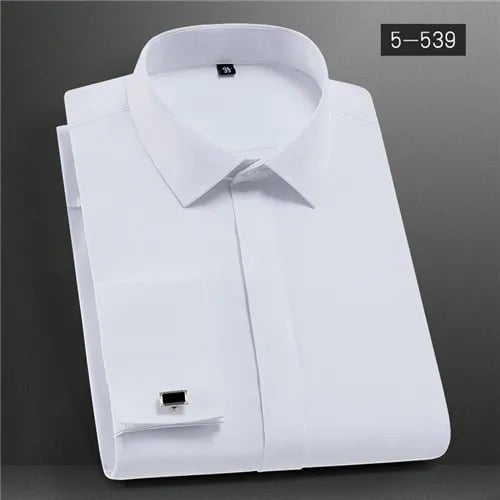 Storazone WHITE / 38 French Shirts Covered Button Solid Plain Long Sleeve Business Party Tuxedo Men Dress Shirt French Cuff Cufflinks No Chest Pocket