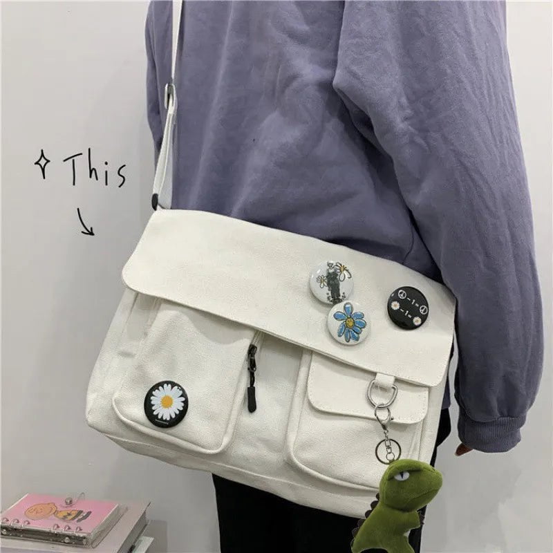 Storazone white-4 badges-dino Fashion Women Canvas Shoulder Bags For Youth Casual Ladies Large Capacity Crossbody Bags Solid Handbags Messenger Bags for Women