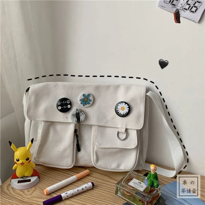 Storazone white-4 badges Fashion Women Canvas Shoulder Bags For Youth Casual Ladies Large Capacity Crossbody Bags Solid Handbags Messenger Bags for Women