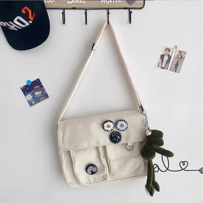 Storazone white-4 badges-frog Fashion Women Canvas Shoulder Bags For Youth Casual Ladies Large Capacity Crossbody Bags Solid Handbags Messenger Bags for Women