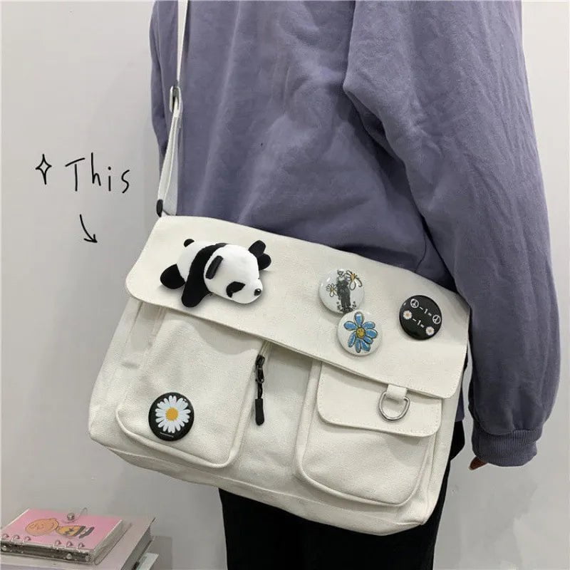 Storazone white-4 badges-panda Fashion Women Canvas Shoulder Bags For Youth Casual Ladies Large Capacity Crossbody Bags Solid Handbags Messenger Bags for Women