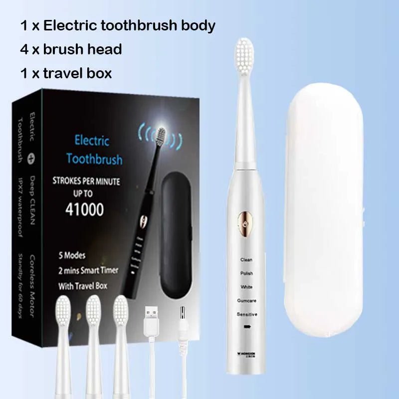 Storazone White 4head 1BOX / CHINA Ultrasonic Sonic Electric Toothbrush For Adult Rechargeable Tooth Brushes Washable Electronic Whitening Teeth Brush Timer Brush