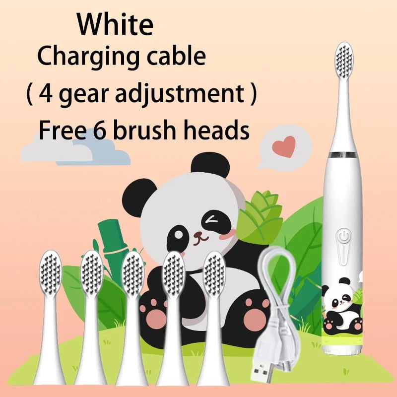 Storazone White 6 Head 1 Children Sonic Electric Toothbrush Colorful Cartoon For Kids Rechargeable Soft Fur Automatic Waterproof With Replacement Head